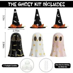 Halloween Decorations Indoor, Set of 3 Ceramic Ghosts with Witch Hats, Cute Spooky Halloween Ghost Figurines for Mantel, Shelf & Tabletop Decor