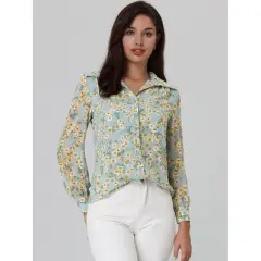 Hobemty Women's Floral Pattern Point Collar Long Sleeve Button Down Shirt