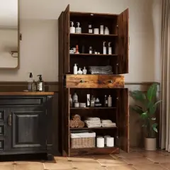 Costway 72" Tall Kitchen Pantry Modern Farmhouse Cupboard Cabinet with 4 Barn Doors Brown/White/Black