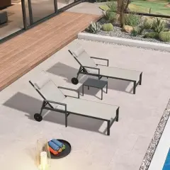 PURPLE LEAF Patio Lounge Chair Set of 3 Outdoor Chaise Lounger with Armrest Side Table and Wheels Sunbathing Tanning Recliner Including Pillows