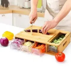 Cheer Collection Versatile Bamboo Cutting Board with 4 Graters and 4 Storage Trays with Lids