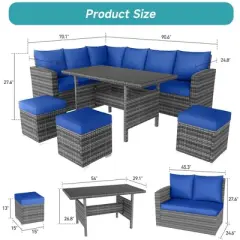 7-Piece Outdoor Wicker Sofa Set with Cushions and Glass Table, Sectional Patio Conversation Furniture for Backyard and Balcony, Grey and Blue