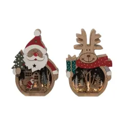 Transpac MDF Light Up Laser Cut Santa and Reindeer Set of 2 Christmas Home Decorations Wood Decorative Objects