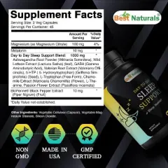 Best Naturals Day-to-Day Sleep Support with Melatonin, Magnesium, Ashwagandha, Wild Lettuce, GABA, Valerian, 5-HTP, Tryptophan - 90 Veg Capsules