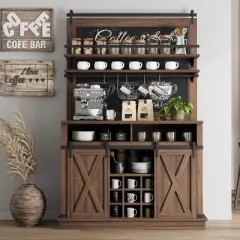 75" Tall Coffee Hutch Cabinet Large Kitchens Storage Cabinets White Coffee Bar Cabinet Cupboard with Sliding Barn Door