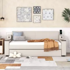 Twin Size Upholstery Daybed with Storage Arms, Trundle and USB Design, Beige - ModernLuxe