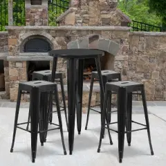 Flash Furniture Commercial Grade 24" Round Metal Indoor-Outdoor Bar Table Set with 4 Square Seat Backless Stools