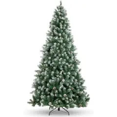 4.5/6/7.5/9ft Pre-Lit Artificial Christmas Tree with Pinecones, Warm White Lights, Hinged Branches, PVC Fir Tips, Easy Assembly