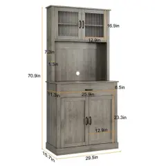 71" Tall Kitchen Pantry Cabinet with Microwave Stand, Freestanding Hutch Buffet Storage with Glass Doors & Shelves for Dining Room & Home
