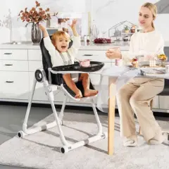Infans Baby High Chair Foldable Feeding Chair w/ 4 Lockable Wheels