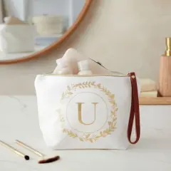 Gold Initial U Personalized Makeup Bag for Women, Monogrammed Canvas Cosmetic Pouch (White, 10 x 3 x 6 In)