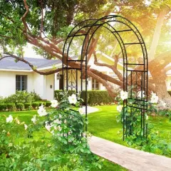 Lirago Black Metal Garden Arch-Galvanized Iron Trellis Rose Arch Outdoor Garden Decor with Gate Design 17.71"Dx90.55"Hx59.05"W