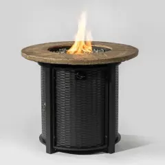 Moda Furnishings 30" Propane Gas Fire Pit Table, Round Steel Fire Pit with Imitation Wood Grain Finish for Outside Patio Deck Garden Backyard- Black