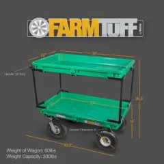 FARM-TUFF Durable Plastic Double Deck Garden Wagon Utility Shop Cart with Pneumatic Tires for Outdoor Hauling, Green, 20" x 38"