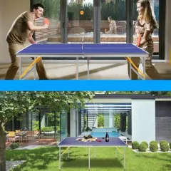 DSVIMOY Portable Ping Pong Table, 6ft Compact Foldable Table Tennis Table Set with Net, 2 Paddles & 3 Balls for Indoor Outdoor, Blue, 72"*36"*30"
