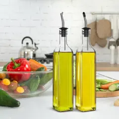 Cheer Collection 2-Pack Glass Olive Oil Dispensers with Funnel, Pour Spouts, Labels & Brush &ndash; 17oz Each Bottle