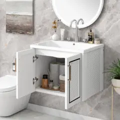 24" Wall Mounted Bathroom Vanity with Porcelain Sink and Two Shuttered Doors, White - ModernLuxe