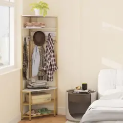 Tangkula 5-Tier Corner Hall Tree w/ Shoe Storage Bench 12 Metal Hooks for Living Room White & Gold