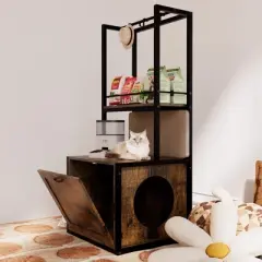ONWITH 55"Refined Litter Box Enclosure with Storage Shelves and 2 Hanging Clothes Rack