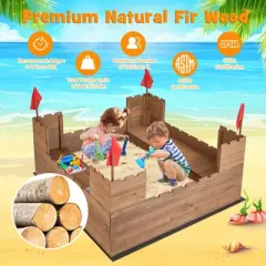 Costway Solid Wood Kids Sandbox w/ 2 Bench Seats, Outdoor Sandpit w/ Storage Box & Flags