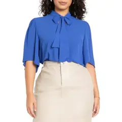 ELOQUII Women&rsquo;s Plus Size Flutter Sleeve Tie Neck Blouse