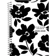 Five Star 5.5"x8.5" 2025-2026 Weekly/Monthly Black and White Floral Small Dark Daisies Planner