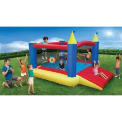 Banzai 12'x9'x7' Slide 'n Score Activity Bouncer Outdoor Backyard Inflatable Bouncy House Castle w/Pump Blower & Games for Kids Ages 3 & Up