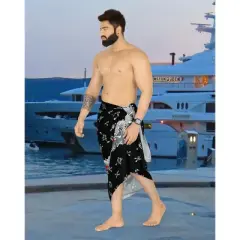 LA LEELA Men's Pirates Sarong Wrap Pareo Caribbean Pirates Swim Trunks Swimwear Full Beach Wraps for Men One Size Skull Crossbones, Black