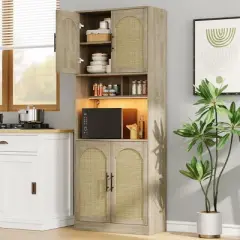 Garvee Kitchen Pantry Cabinet with RGB Light, Tall Kitchen Hutch Bar Cabinet with Microwave Stand,Wood Storage Cabinet,Cupboard for Dining Room, Oak