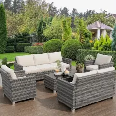 Outdoor Wicker Patio Furniture Sectional Set, Glass Top Table with Hidden Storage, Includes 7 Seating Components, Natural Rattan with Cushions