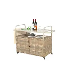 Wicker Outdoor Bar Serving Cart,Wicker Bar Cart With Cabinet,Lockable Wheels,Steel Frame Rolling Cart For Garden Backyard-Coolbibila