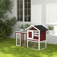 PawHut 48" Wooden Rabbit Hutch Bunny Cage with Waterproof Asphalt Roof, Fun Outdoor Run, Removable Tray and Ramp