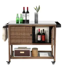 Patio Wine Serving Cart Rolling Rattan Beverage Bar Counter Table for Porch Backyard Garden Poolside Party, Brown