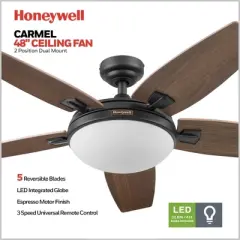 Honeywell Ceiling Fans Carmel Modern 48 Inch Ceiling Fan with LED Light and Remote Control, Indoor Fan, 5 Contemporary Blades, Bronze