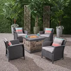 Christopher Knight Home Ellyanna Outdoor Wicker 5 Piece Club Chair and Fire Pit Set with Cushion