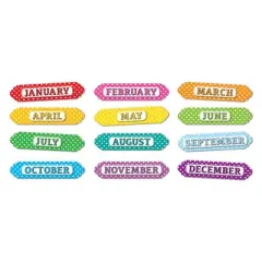 Ashley Productions&reg; Magnetic Die-Cut Timesavers & Labels, Months of the Year, White Polka Dots On Assorted Colors, 12 Per Pack, 3 Packs
