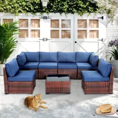 Yardgrace 7-Piece Modular All-Weather Rattan Sectional Set with Glass Table
