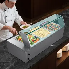 VEVOR Commercial Food Warmer, 1500W Electric Stainless Steel Steam Food Warmer with Glass Cover, 3-Pan Countertop Buffet Bain Marie, Silver