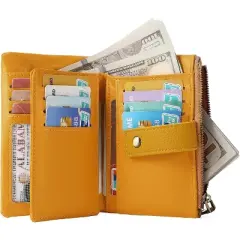 Wikineon Small Wallet for Women Leather RFID Blocking Wristlet Wallet Credit Card Holder with Double Zipper Coin Purse Ladies Bifold Purse,Yellow