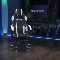 BlackArc Gaming Chair Outfitted With Footrest, Headrest, Lumbar Support Massage Pillow, Reclining Seat/Arms