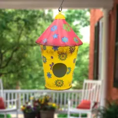Northlight 7.75" Red and Yellow Metal Birdhouse with Flowers