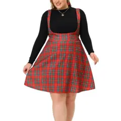 Agnes Orinda Plus Size Suspenders Skirts for Women a Line Mini Tartan Overall Pinafore Dress Suspender Skirt