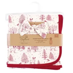 Touched by Nature Baby Girl Organic Cotton Swaddle Blanket and Headband or Cap, Winter Woodland, One Size