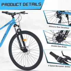 VASIP 29 Inch Mountain Bike for Adults & Kids, 8-Speed Gear System, Front Suspension Fork, Steel Frame MTB - Men Women Boys Girls,Silver