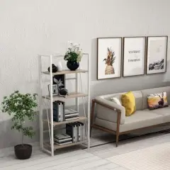 GHQME Space Saving Vintage Style 4 Tiered Folding Storage Bookcase with Durable Particleboard Shelves and Wide Metal Cross Bar Frame, White