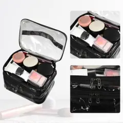 Unique Bargains Double Layer Makeup Bag Cosmetic Travel Bag Case Make Up Organizer Bag for Women Marble Pattern 1 Pcs