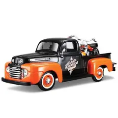 1948 Ford F-1 Pickup Truck with 1958 Harley Davidson FLH Duo Glide Motorcycle Orange and Black 1/24 Diecast Models by Maisto