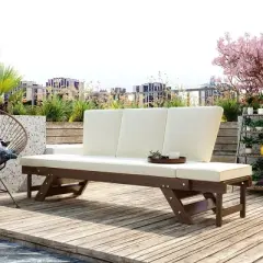 Adjustable Patio Daybed with Convertible Chaise Lounge, Acacia Wood, for Small Outdoor Spaces