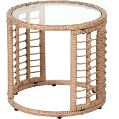 SUGOLD Outdoor Wicker Side Table, All-Weather Patio Rattan End Table with Glass Top, Round Coffee Table for Indoor Outdoor Backyard Lawn Balcony Pool