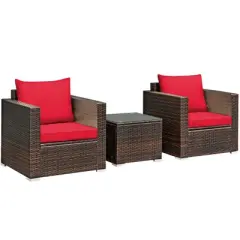 Costway 3PCS Patio Rattan Furniture Set Conversation Sofa Cushioned Turquoise\Red